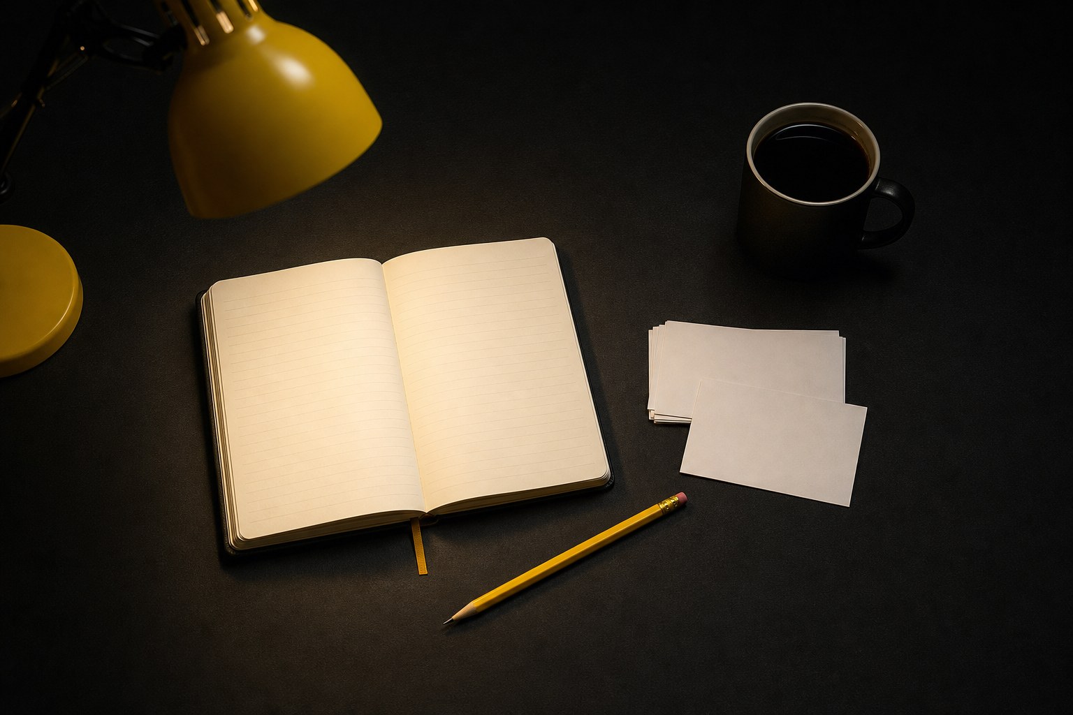 Open notebook, blank cards, pencil, and coffee on a dark desk under a yellow lamp