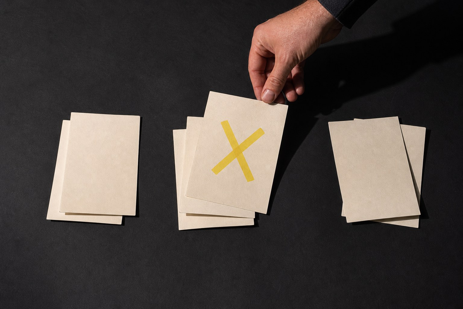 Hand sorting paper cards with one assumption marked by a yellow X