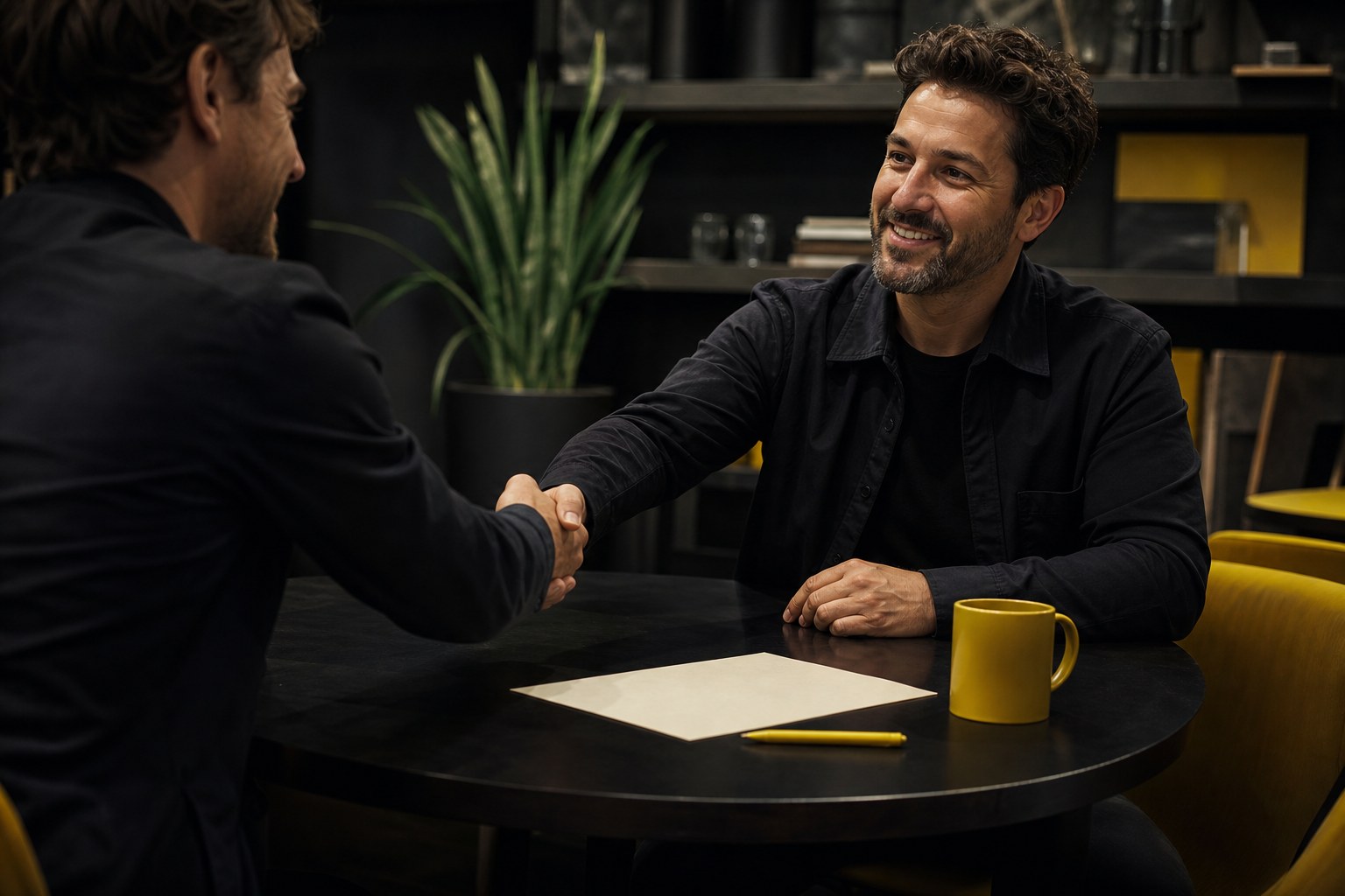 Founder and prospective customer shaking hands over a paid pilot agreement