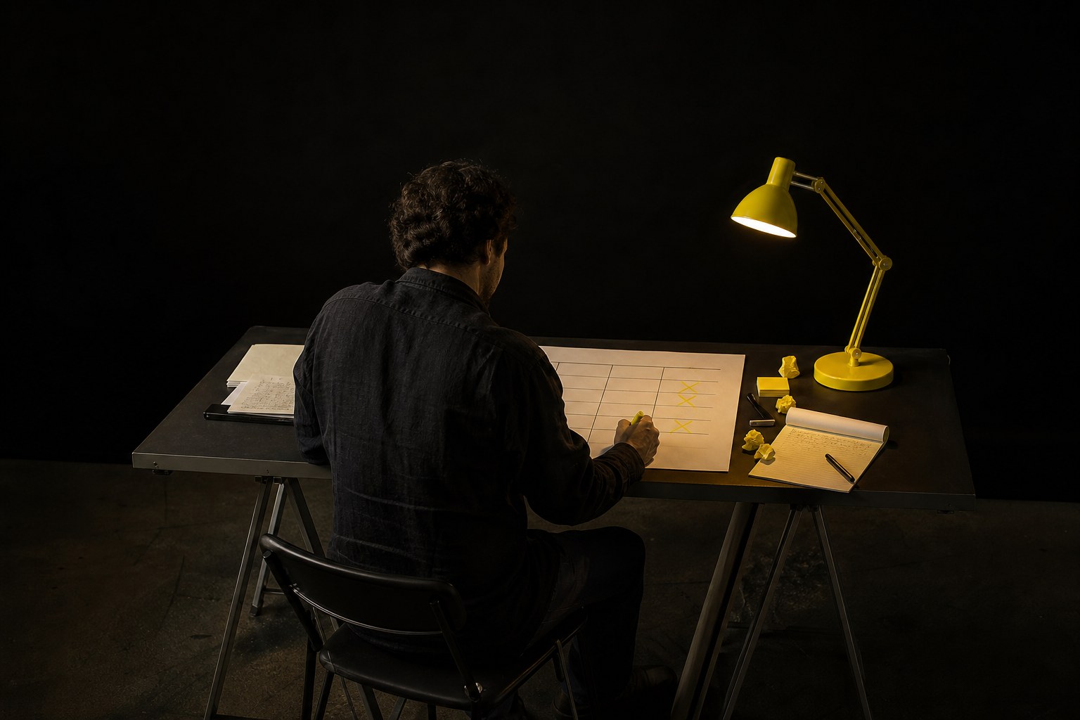 Founder reviewing assumptions at a dark table under a yellow lamp
