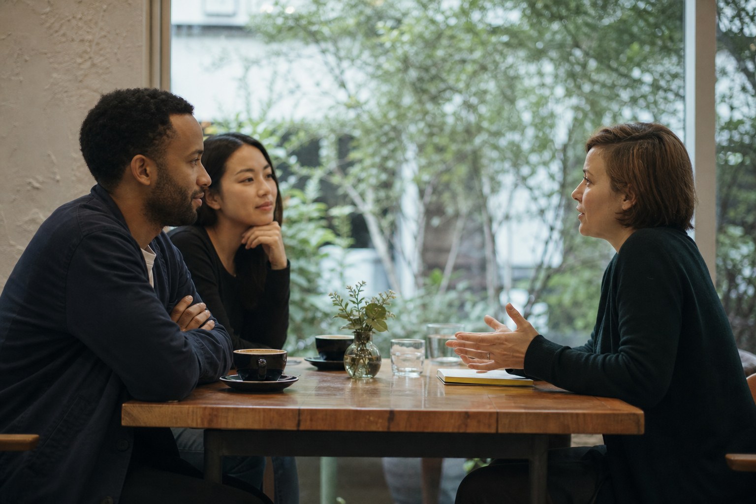 Founders having a focused customer conversation across a cafe table