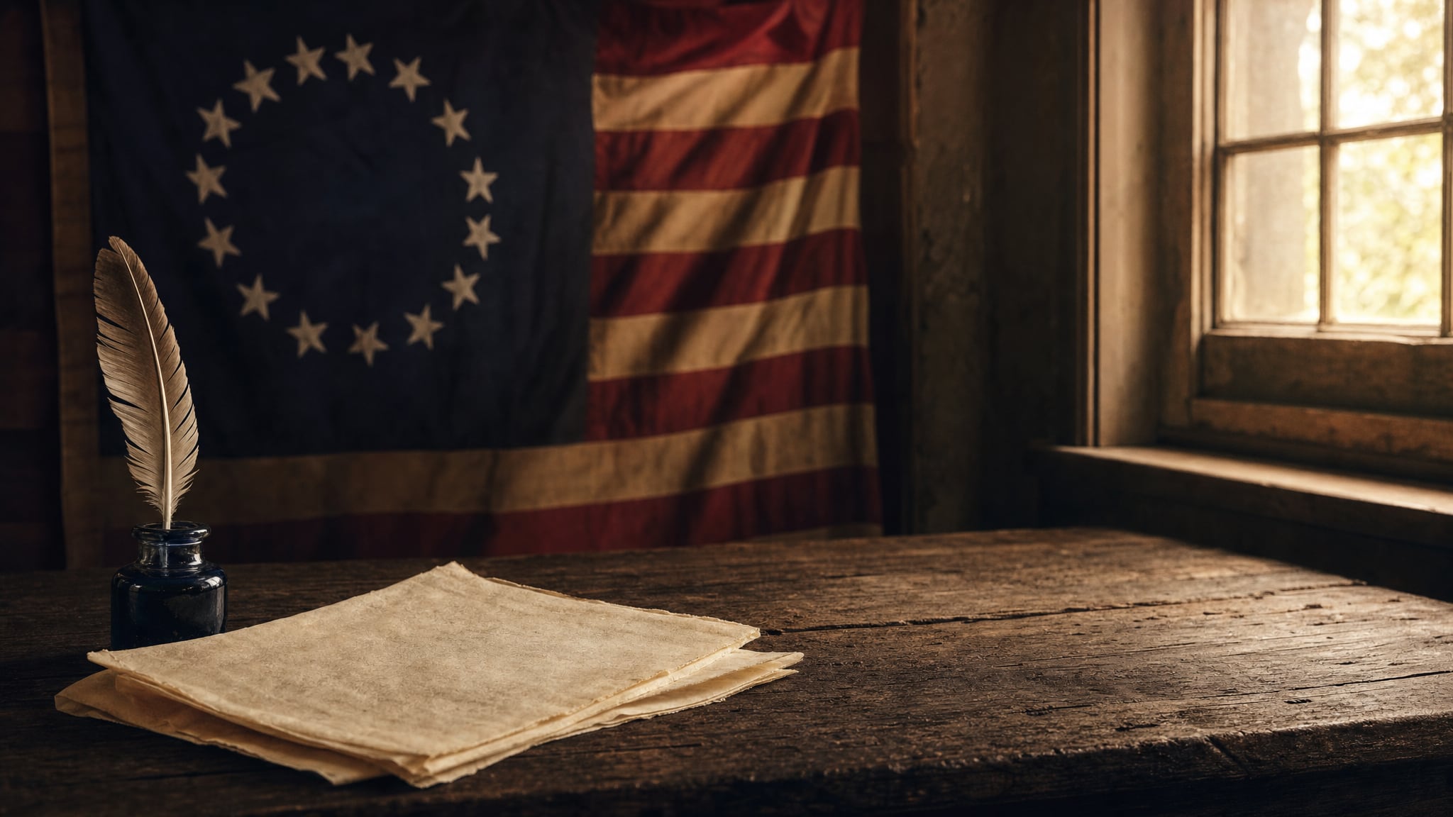 Quill and parchment before an early American flag in a sunlit room