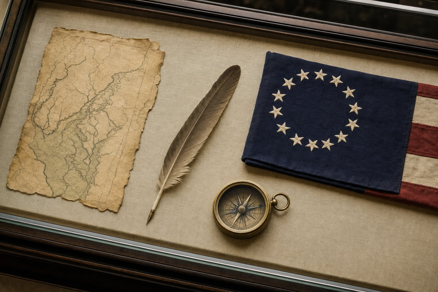Early American objects displayed with a quill, compass, map, and thirteen-star flag