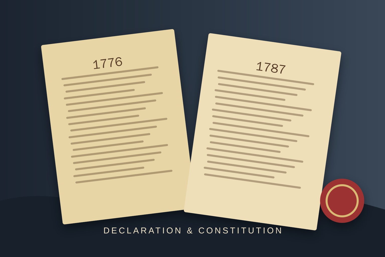 Declaration of Independence and Constitution documents represented as parchment sheets on a desk