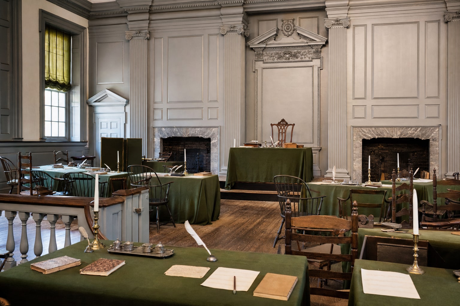 Period assembly room with green-covered tables and wooden chairs prepared for a Continental Congress meeting
