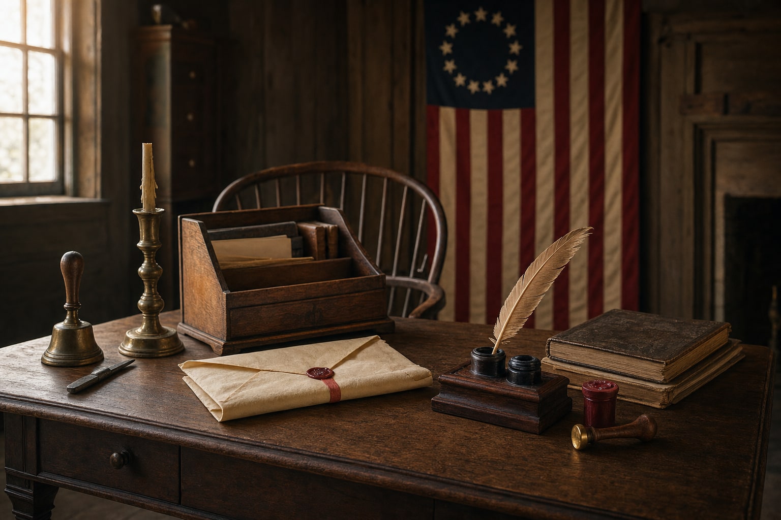 Quill, sealed parchment, and an early American flag arranged on a colonial writing desk