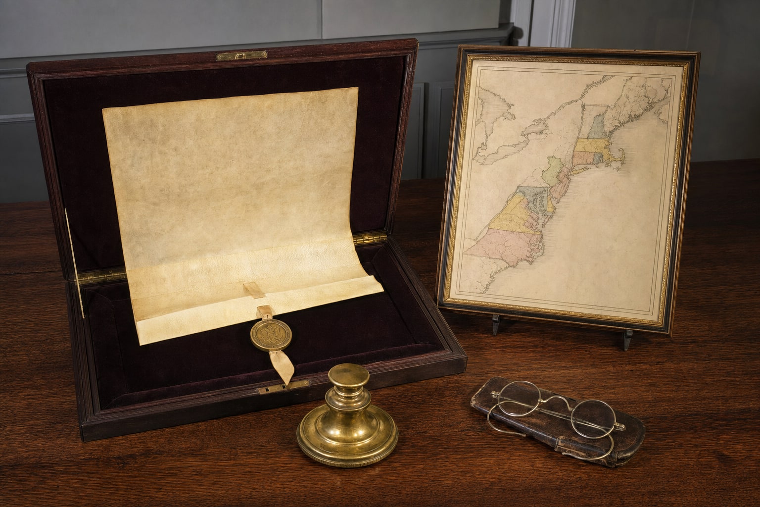 Archival parchment, seal, spectacles, and a map of the thirteen colonies in a museum display