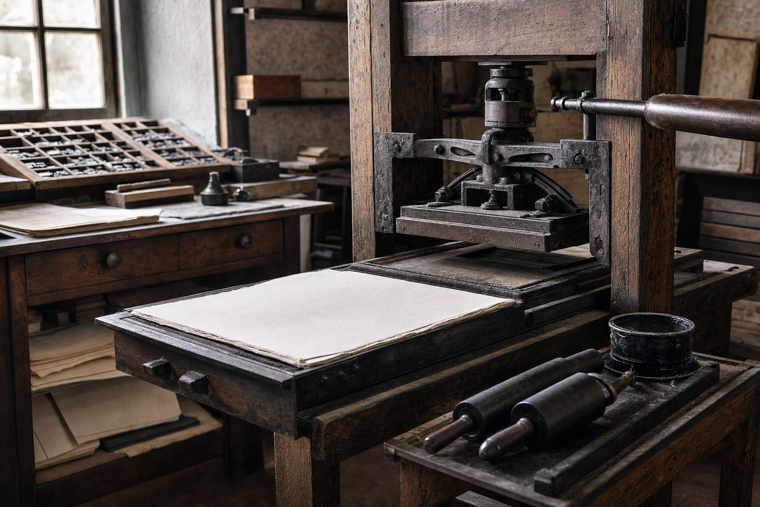 Eighteenth-century printing press with type drawers, ink rollers, and fresh paper