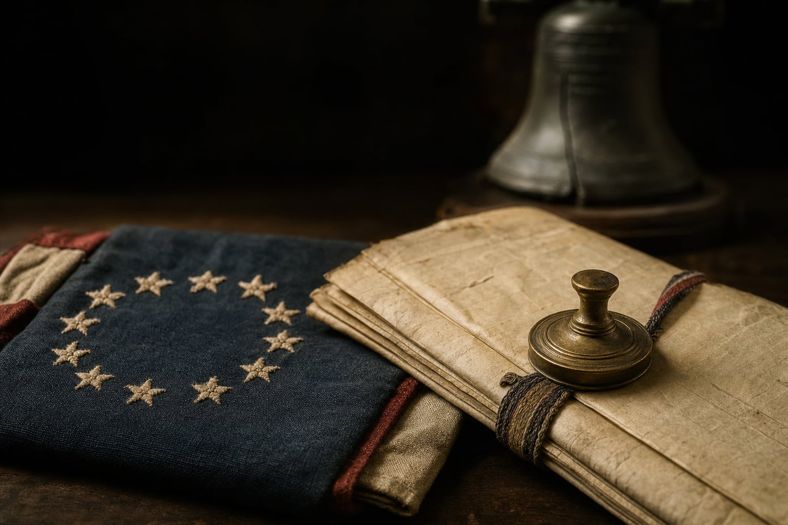 Folded parchment, a brass seal, and a thirteen-star flag beside a liberty bell