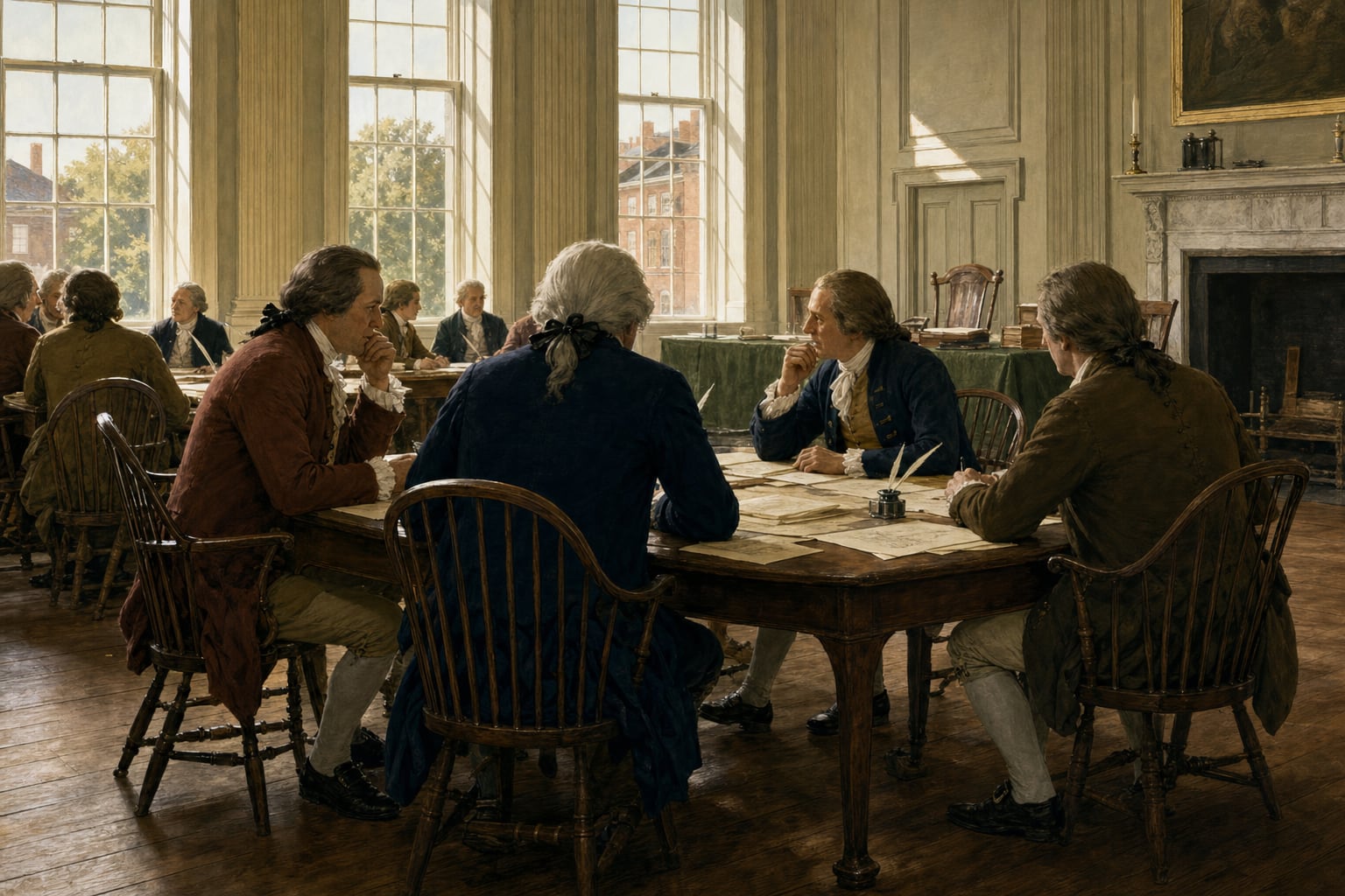 Eighteenth-century delegates gathered around a table in a sunlit meeting room