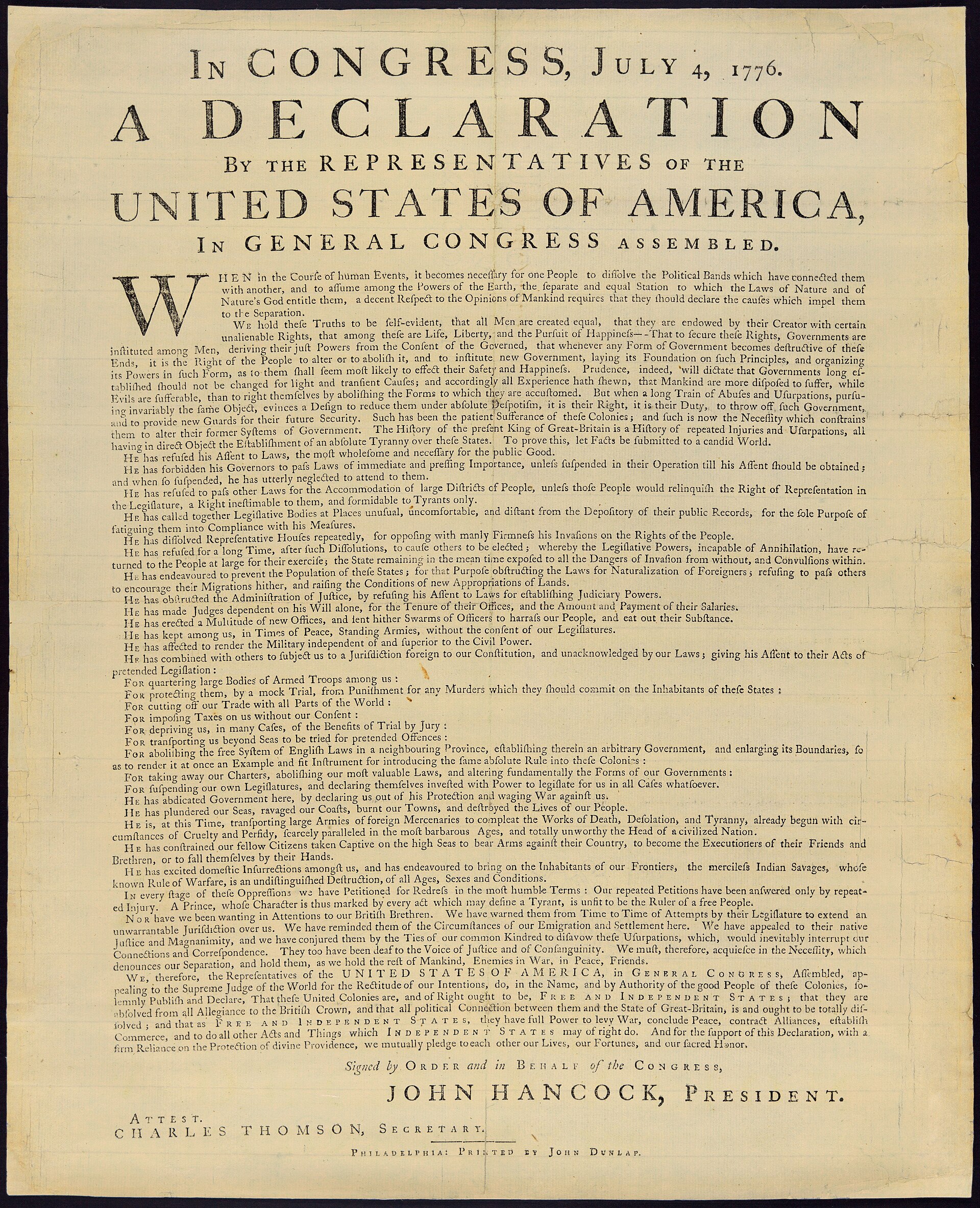 Printed Dunlap broadside of the Declaration of Independence