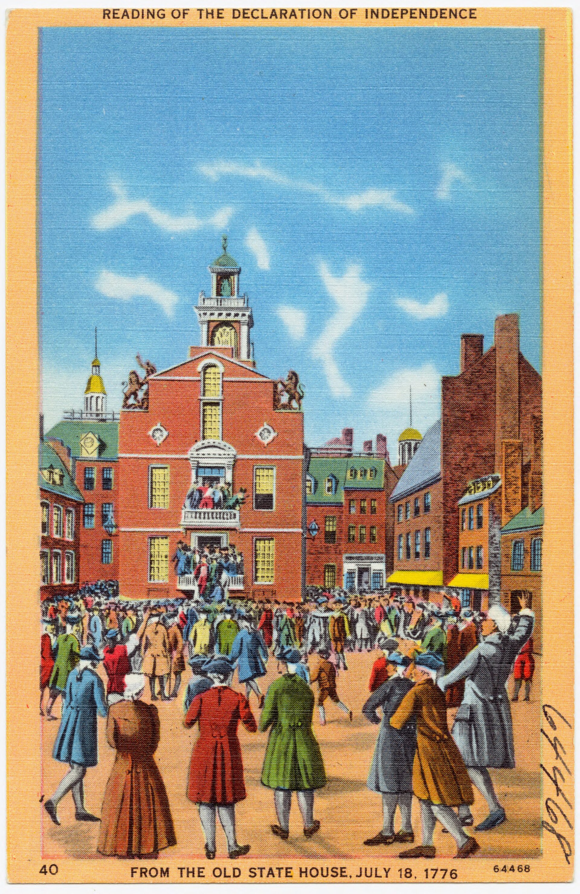 Historical painting of the Declaration of Independence being read from Boston's Old State House in July 1776