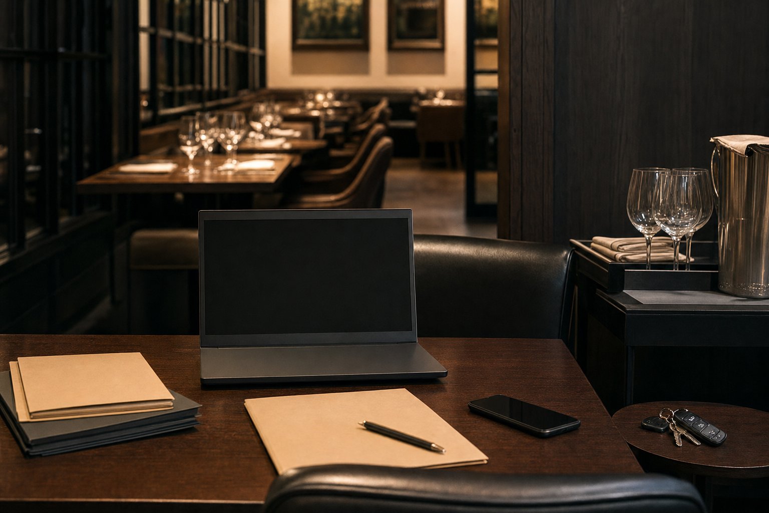 Private restaurant office table with folders, laptop, phone, and keys