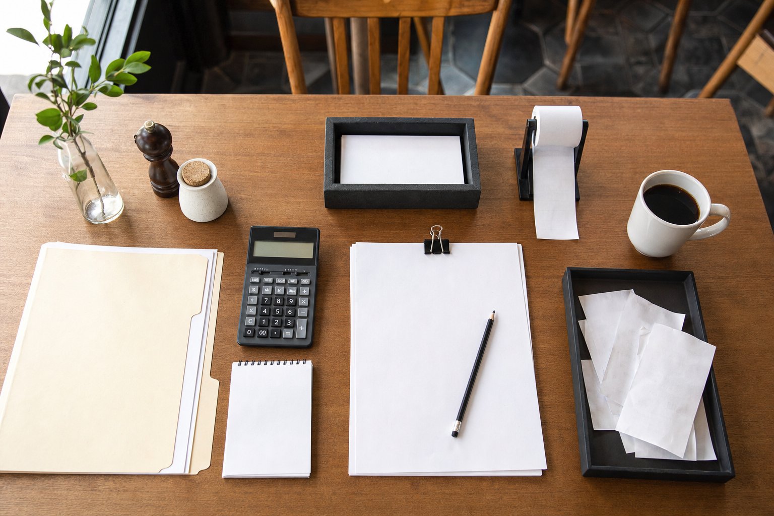 Organized financial papers, calculator, and receipt roll on a restaurant table