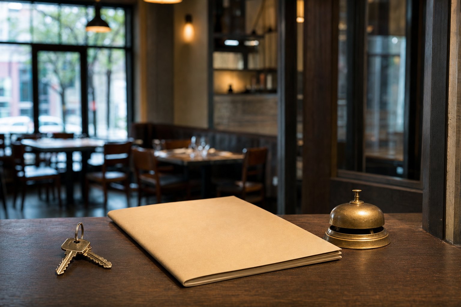 Restaurant keys, folder, and service bell on a dark wood counter