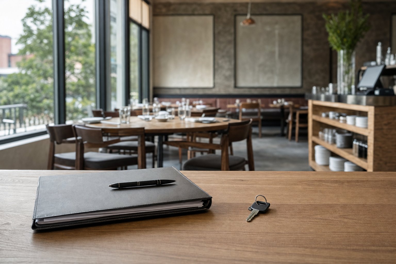 Organized folder, pen, and restaurant keys on a dining room table before opening