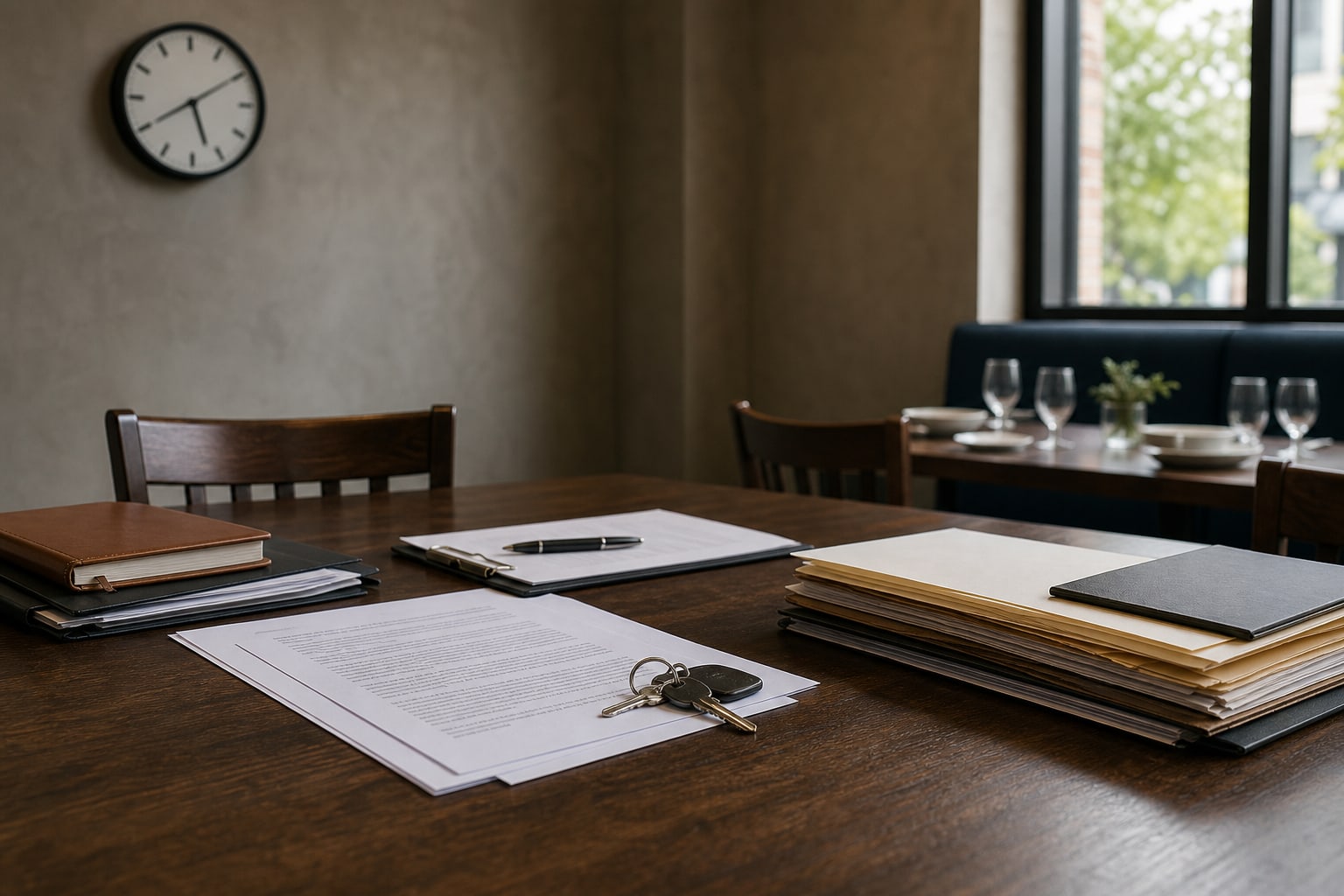Restaurant sale documents and keys on a dining table beside a wall clock