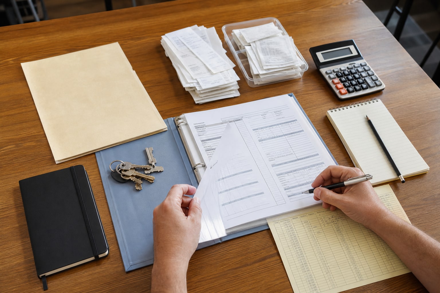 Financial records, receipts, calculator and restaurant keys prepared for review