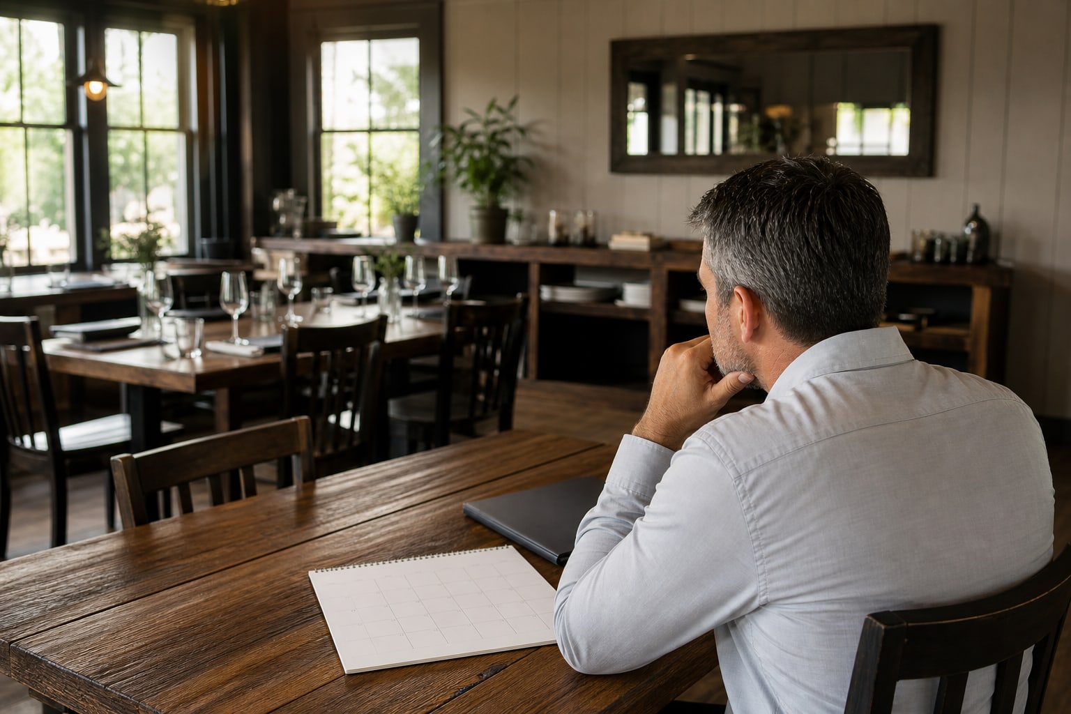 Restaurant owner reviewing a calendar and folder in a quiet dining room