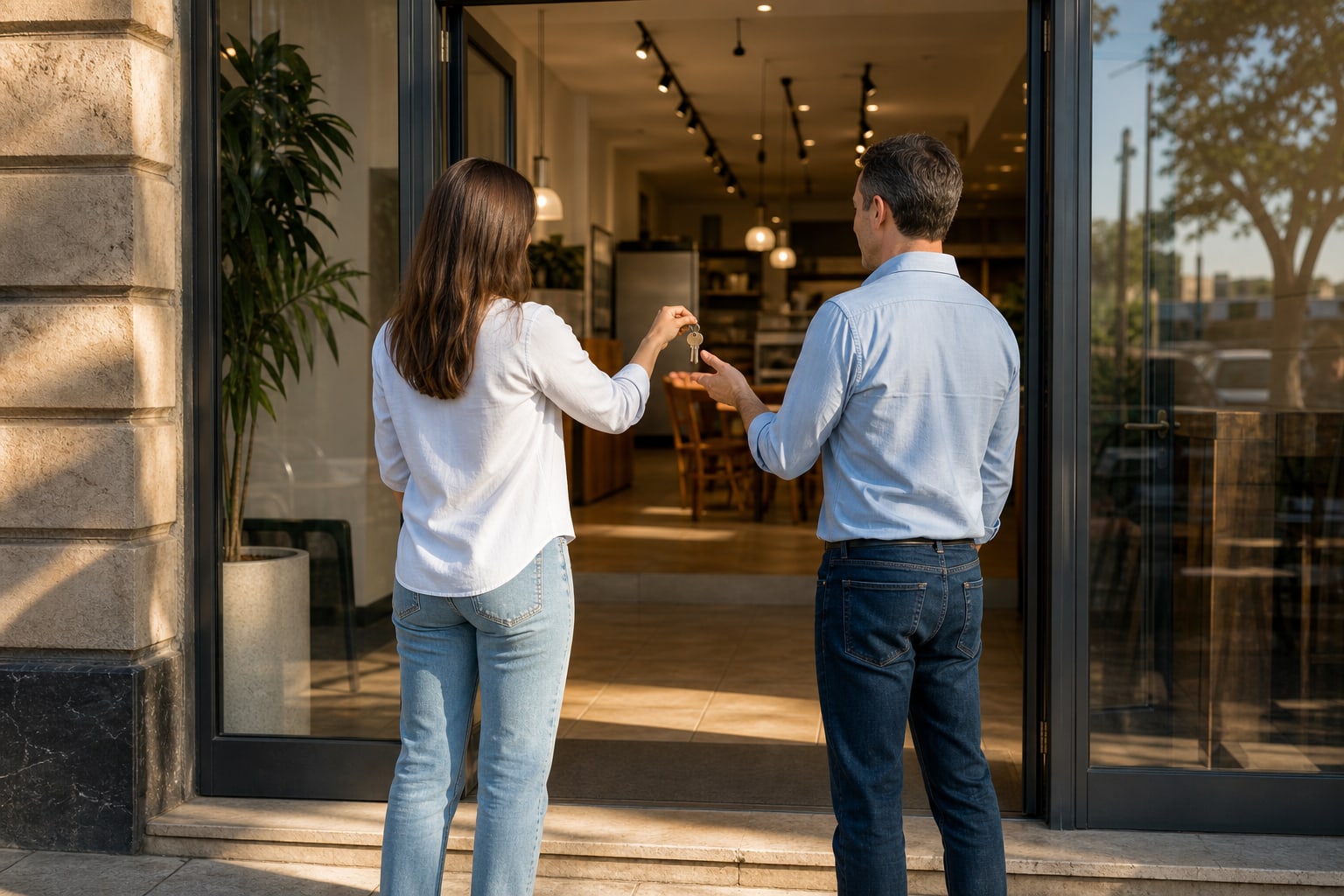 Two restaurant owners exchanging keys at the entrance to a restaurant