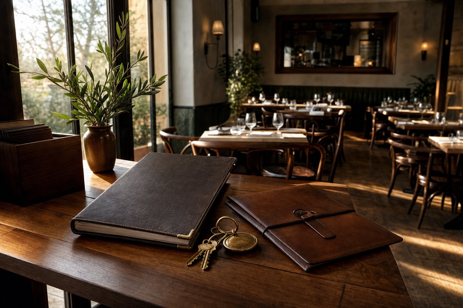 Restaurant dining room with planning folders and keys on a wooden table