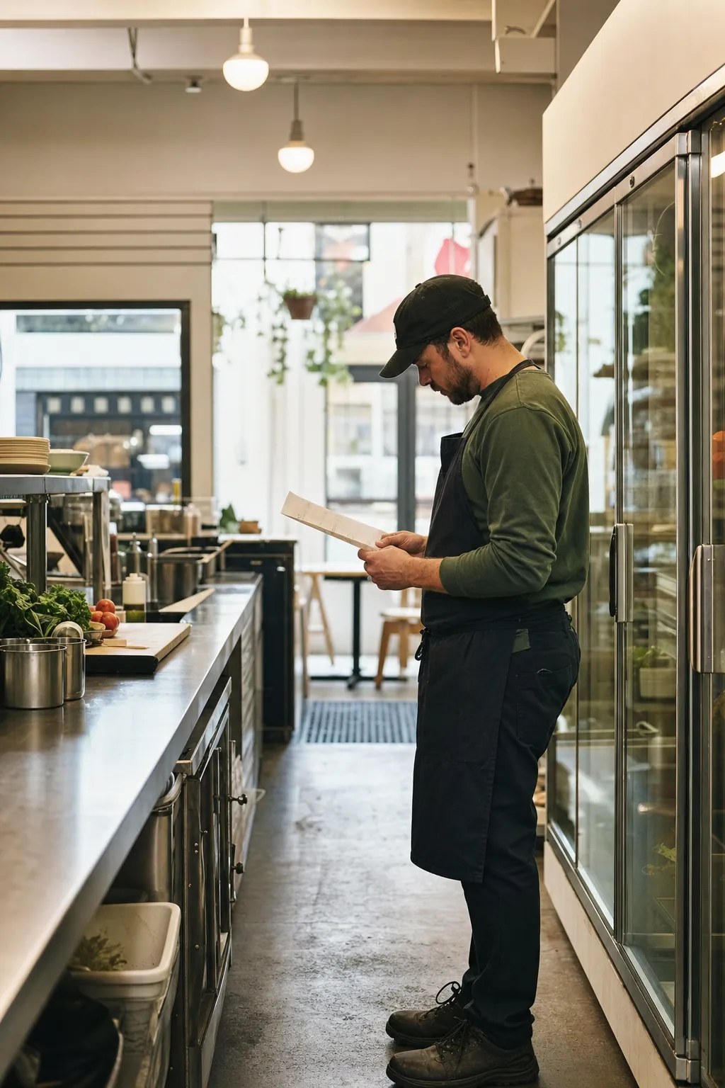 Restaurant owner reviewing business information in a restaurant kitchen