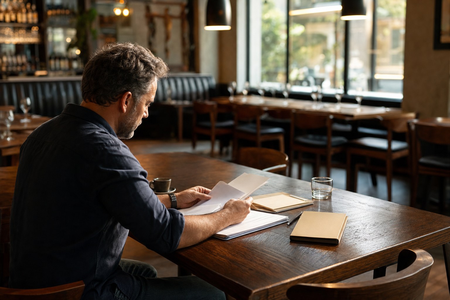 Restaurant owner reviewing business sale documents in an empty dining room