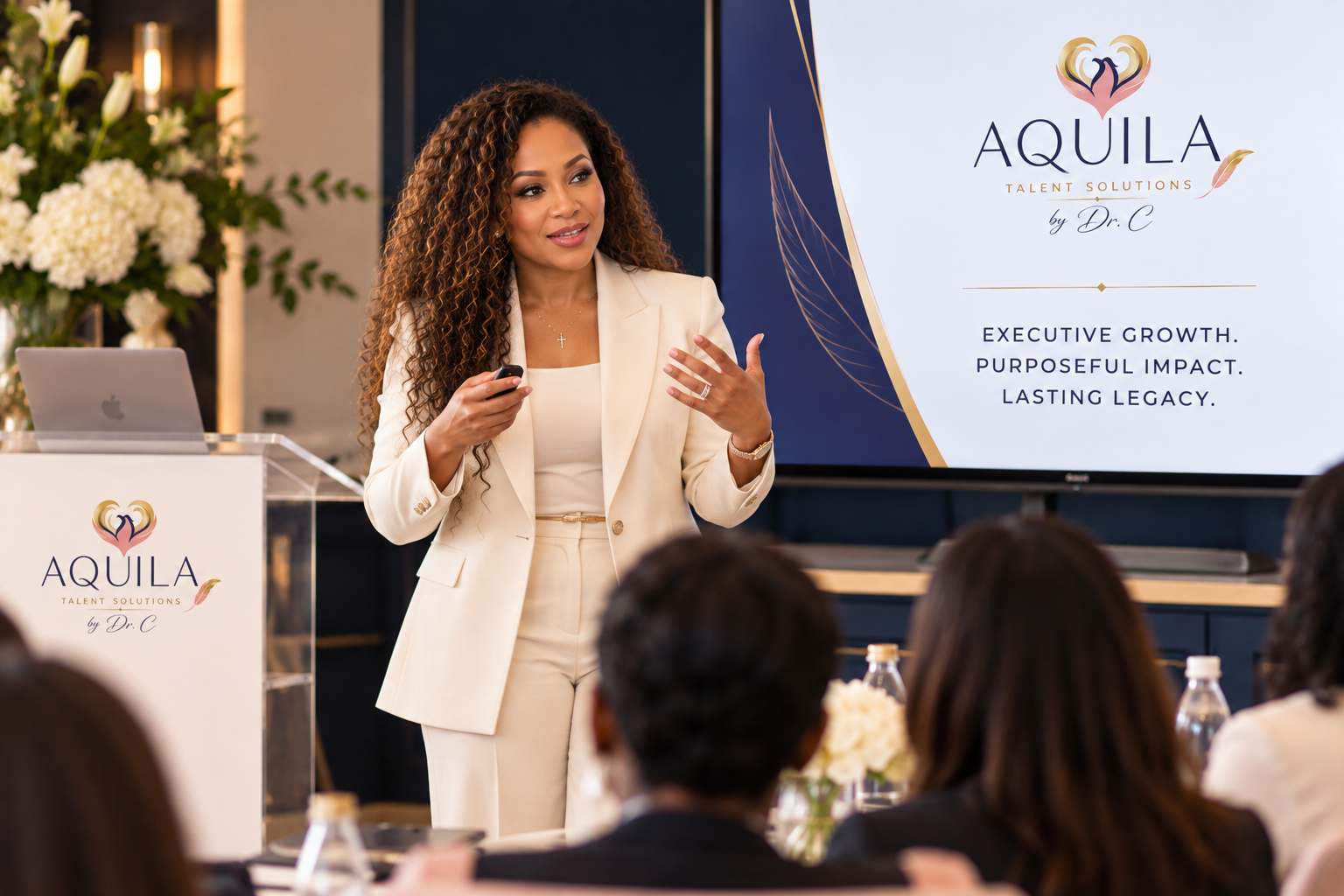 Illustrative executive growth seminar with a speaker and audience