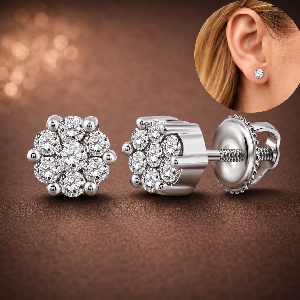 14K white gold diamond flower cluster stud earrings
