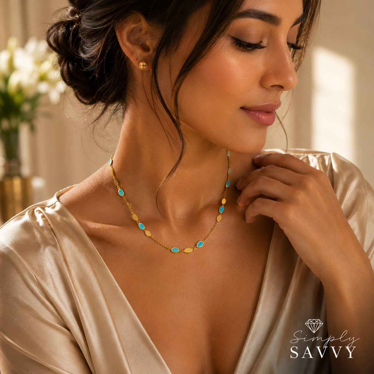 14K yellow gold and turquoise link necklace