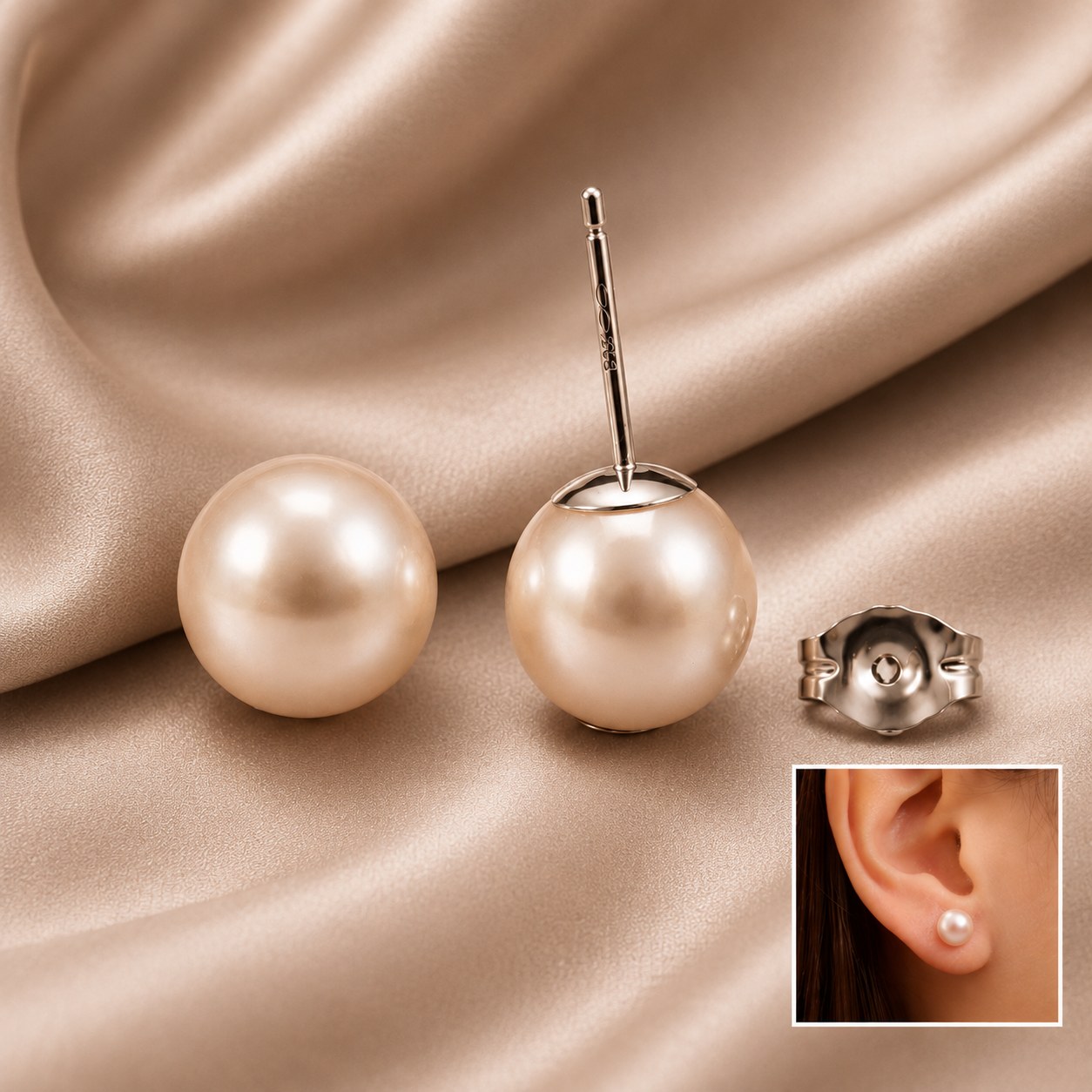 White cultured pearl stud earrings with white gold settings