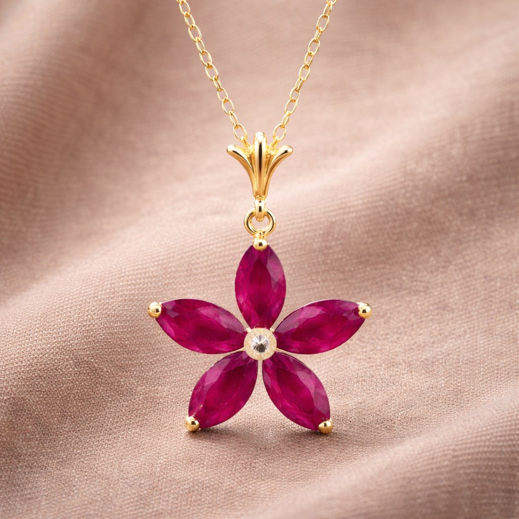 Natural ruby flower pendant in 14K yellow gold
