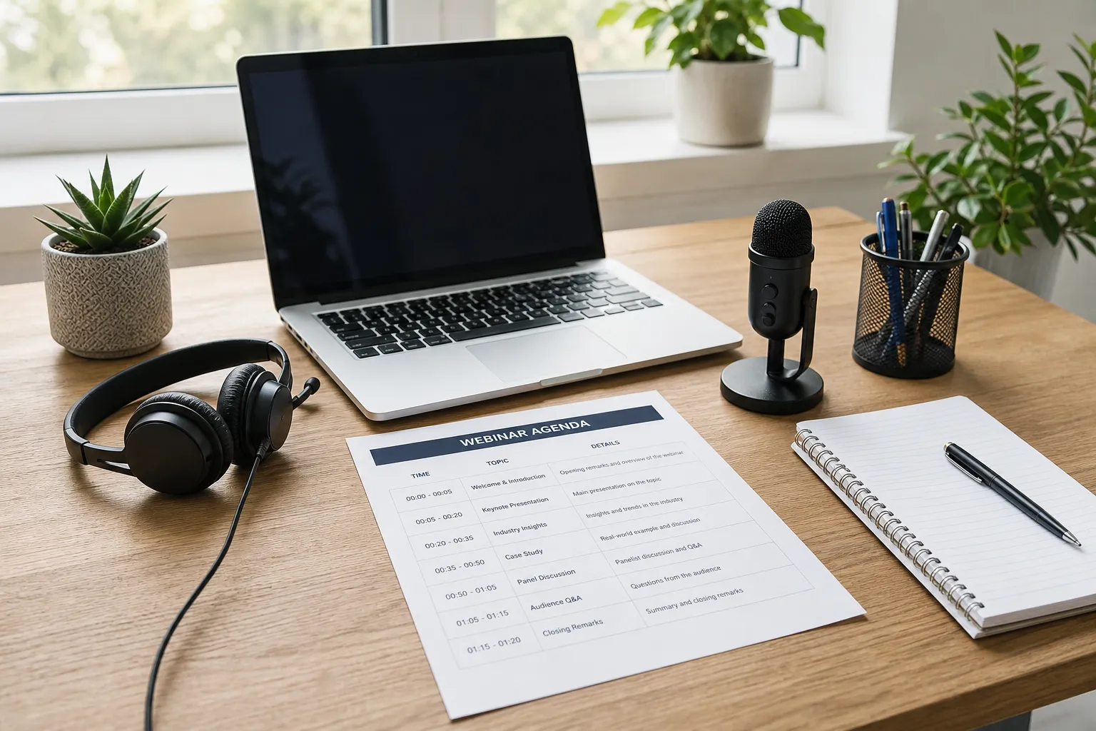 Webinar agenda, laptop, microphone, headset, and notebook arranged on a desk