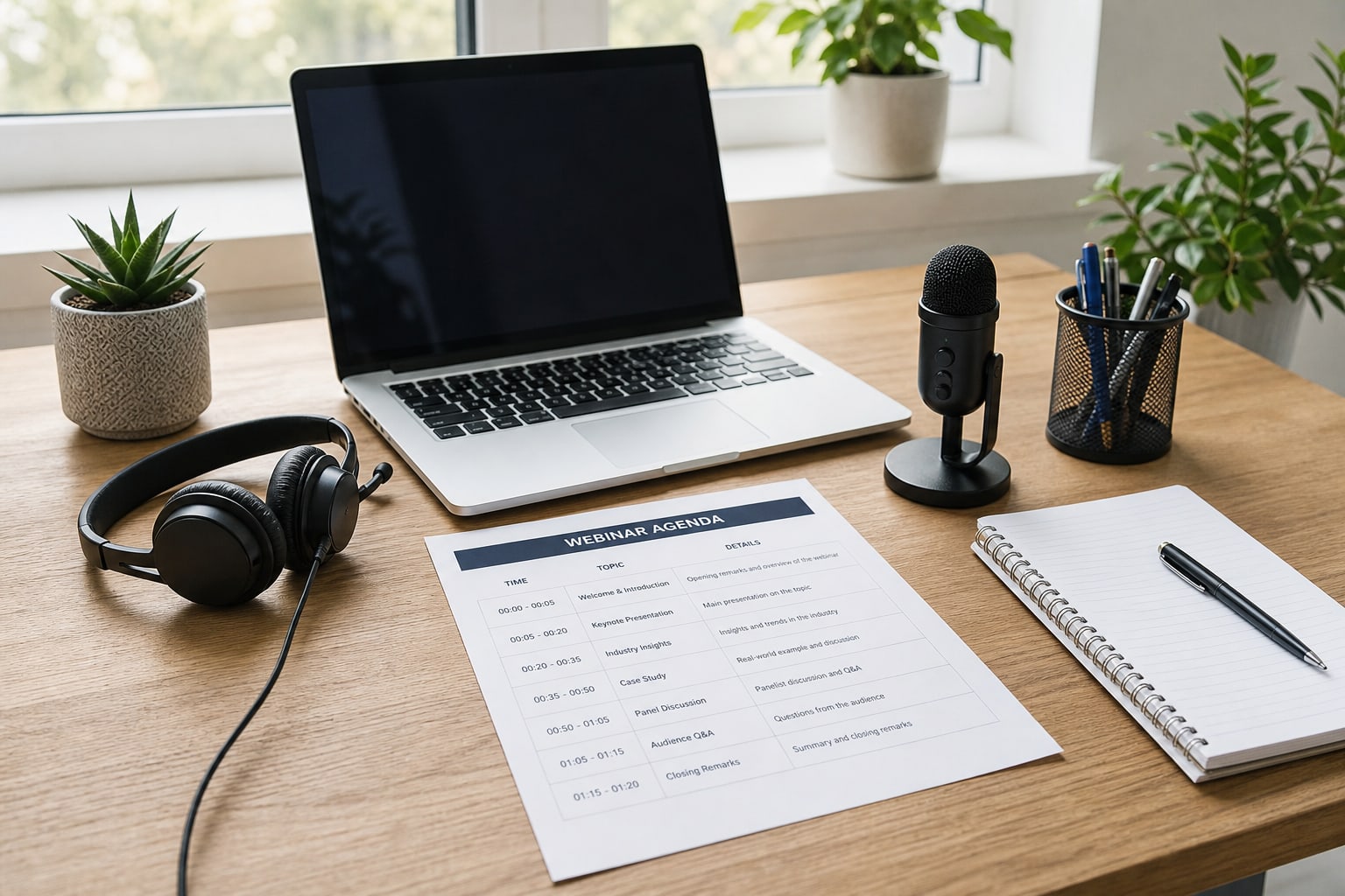 Webinar agenda, laptop, microphone, headset, and notebook arranged on a desk