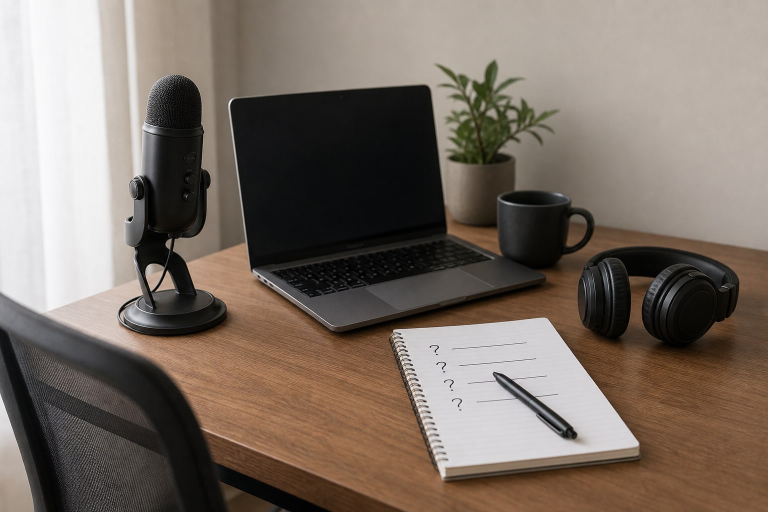 Webinar host preparation desk with a microphone, laptop, headphones, and question notes