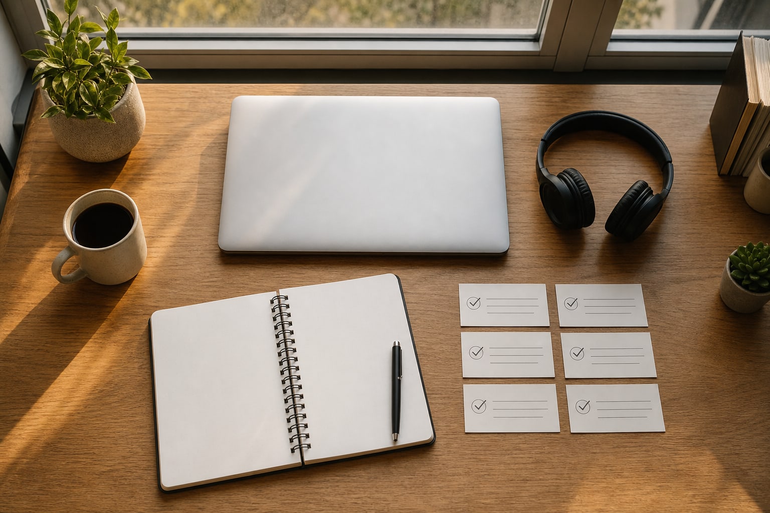 Notebook, checklist cards, headphones, laptop, and coffee used for a webinar review