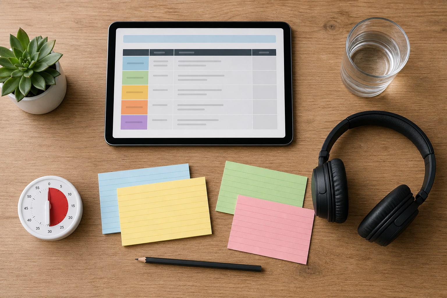 Tablet, timer, cue cards, pencil, and headphones used to plan webinar timing