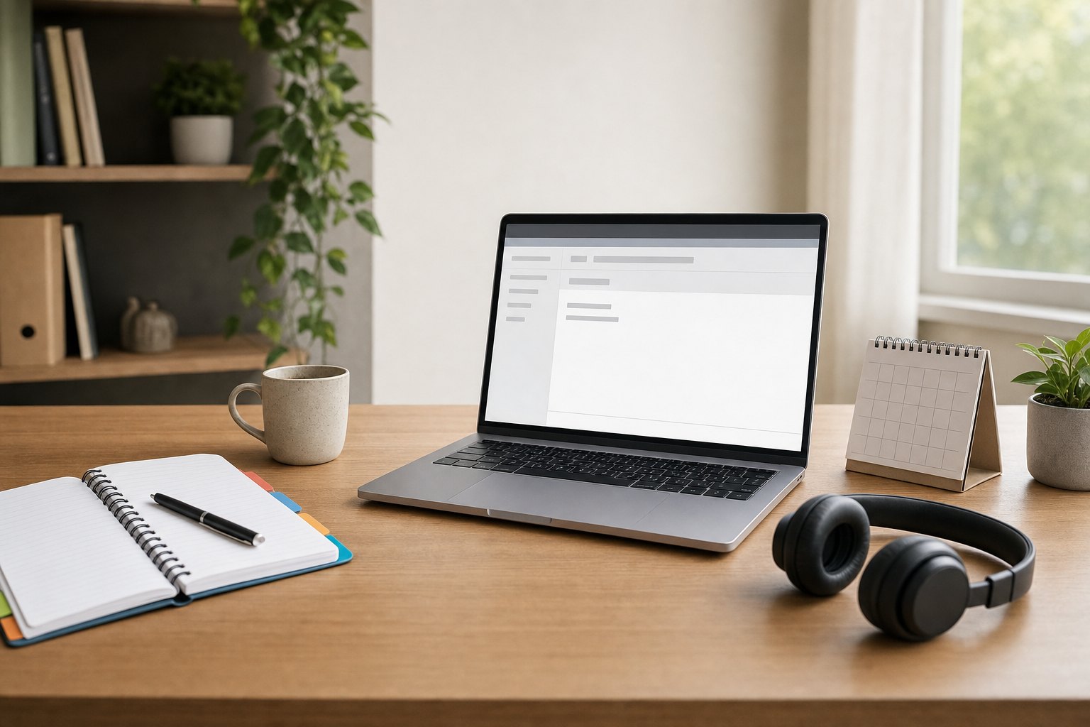 Laptop with a webinar follow-up email draft, notebook, calendar, and headphones on a desk