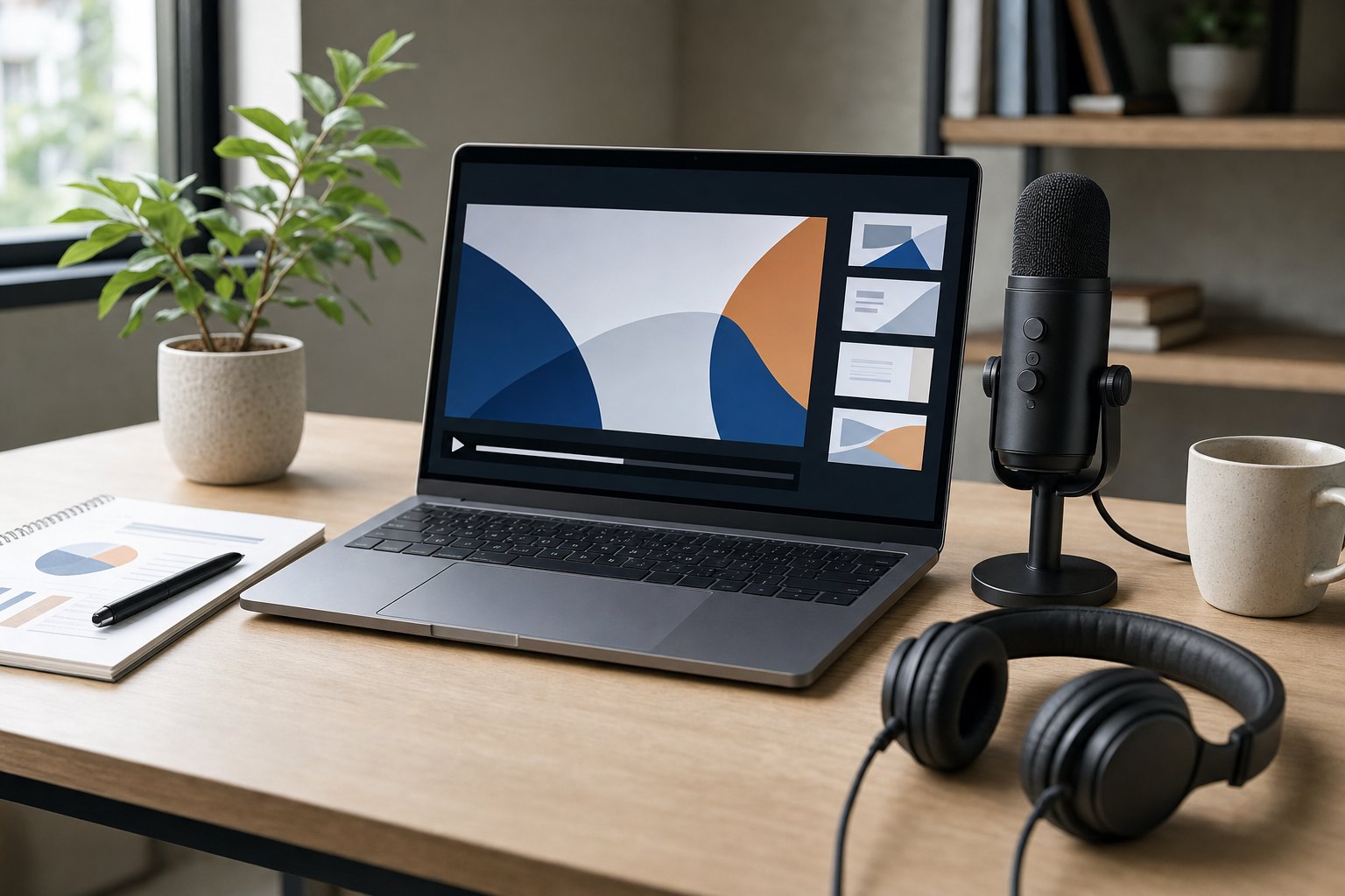 Laptop with a webinar recording ready to share, microphone, notes, and headphones