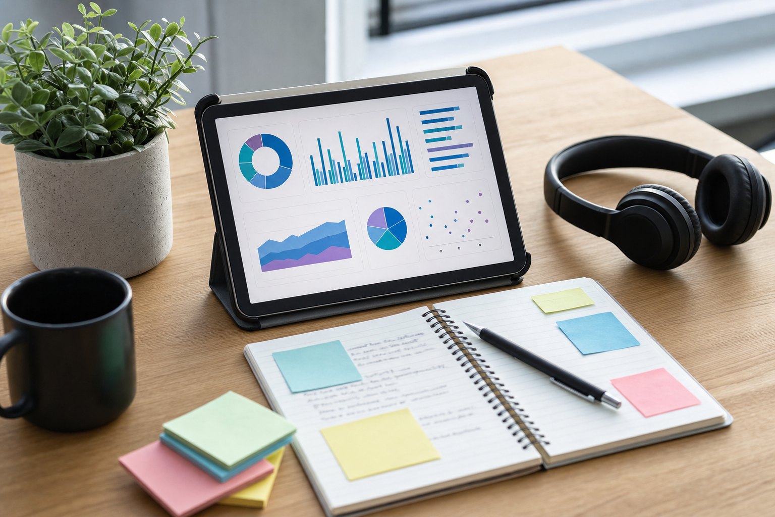Tablet with webinar follow-up review charts, notebook, sticky notes, and headphones