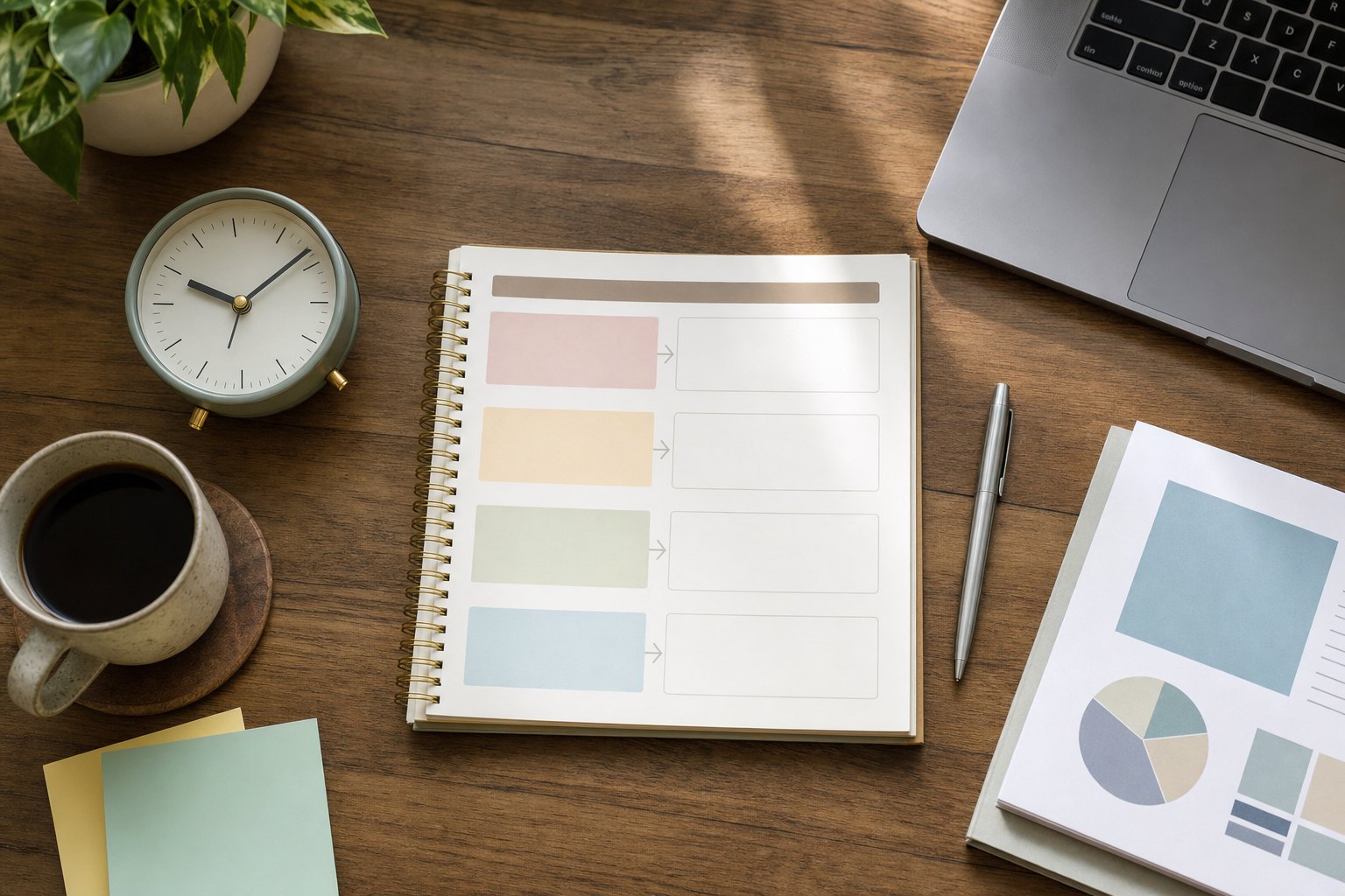 Desk planner, clock, laptop, and notes used to organize webinar follow-up timing