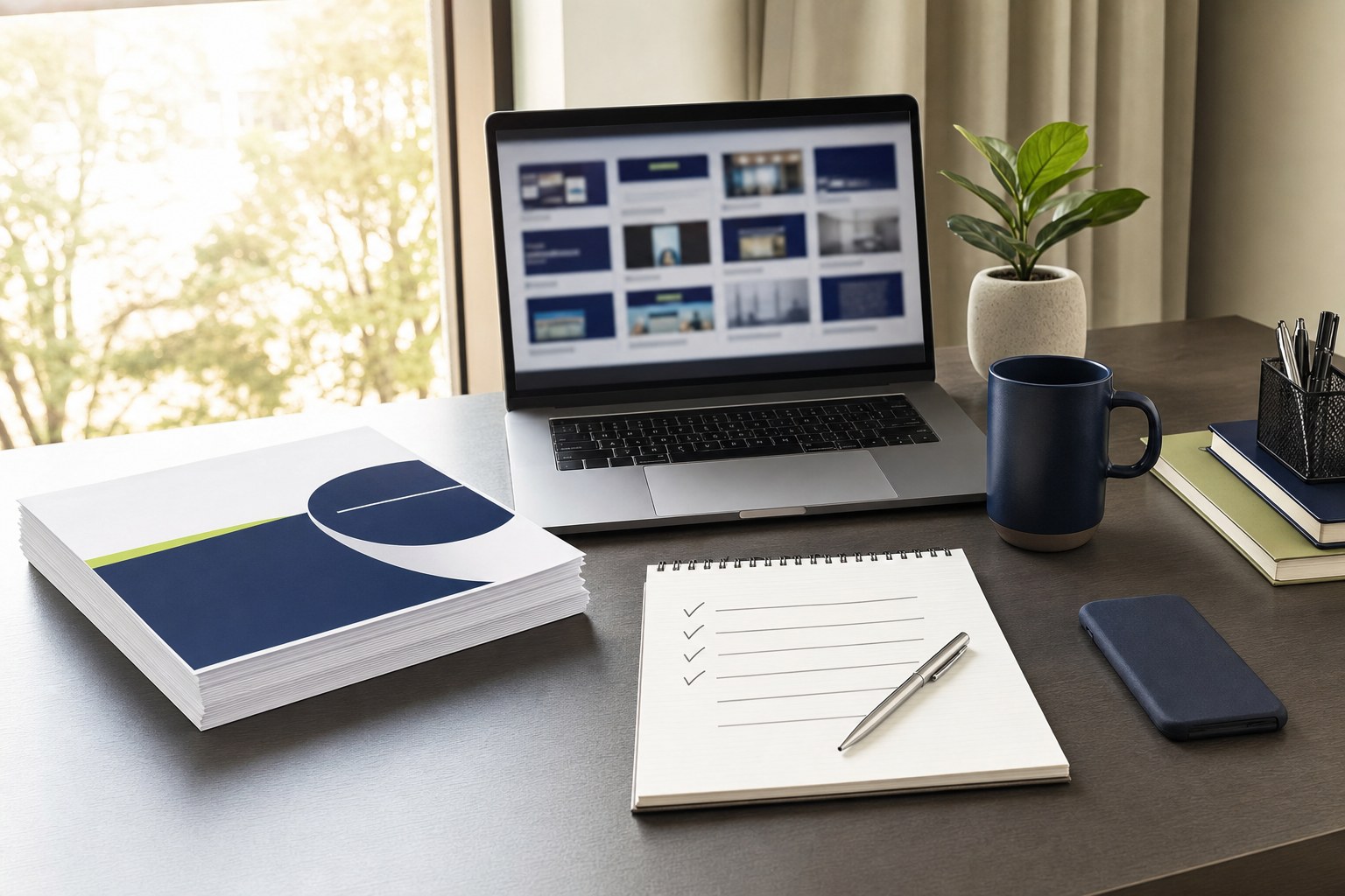 Post-webinar follow-up desk with recording review, materials, and a checked checklist