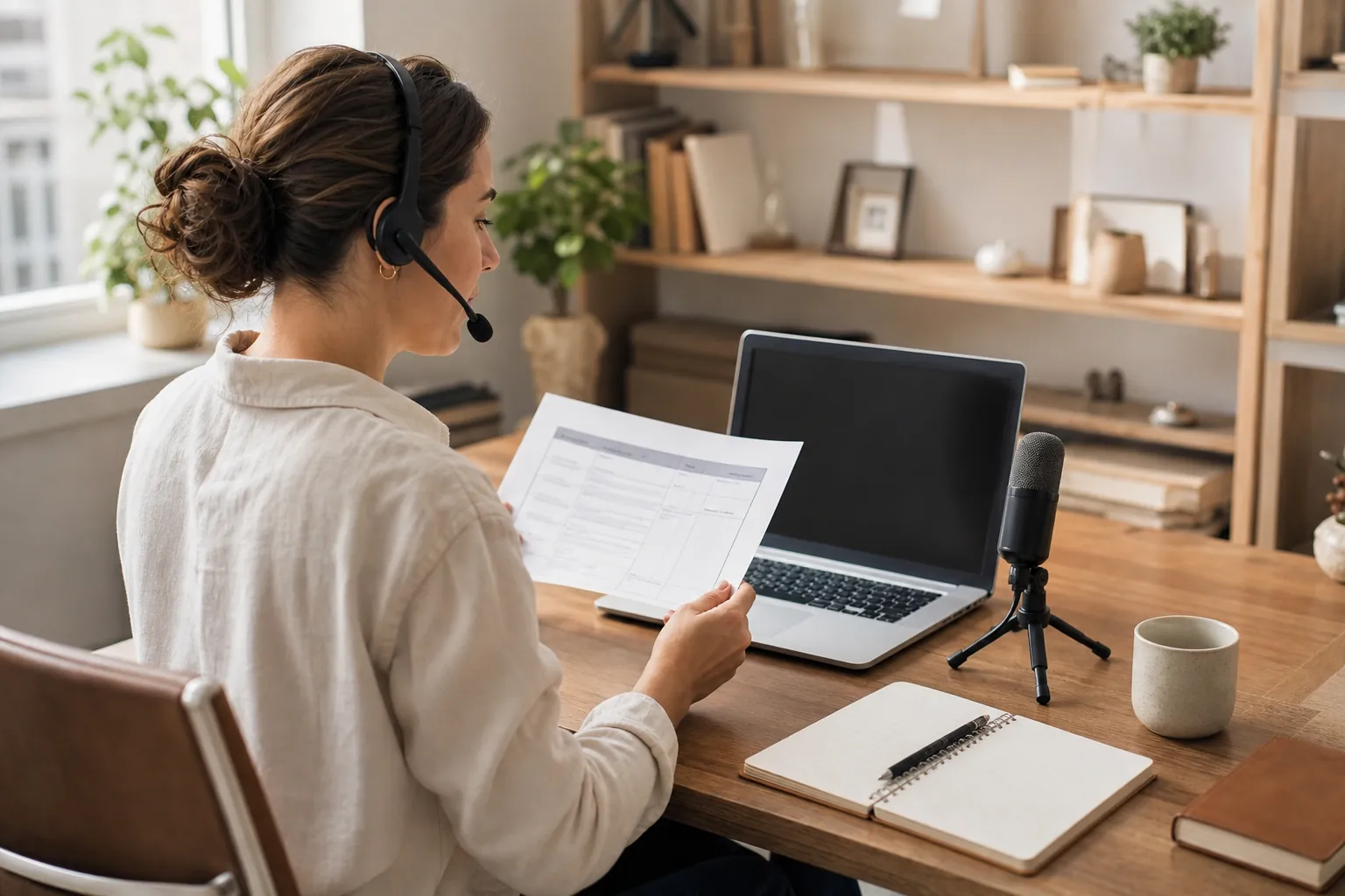 Webinar moderator reviewing a run of show at a desk with a laptop, headset, and microphone