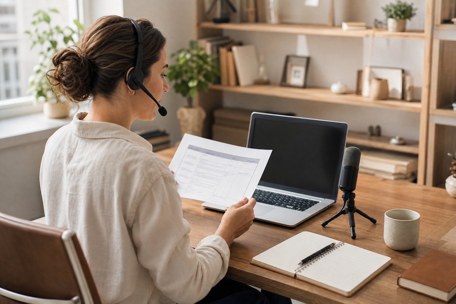 Webinar moderator reviewing a run of show at a desk with a laptop, headset, and microphone
