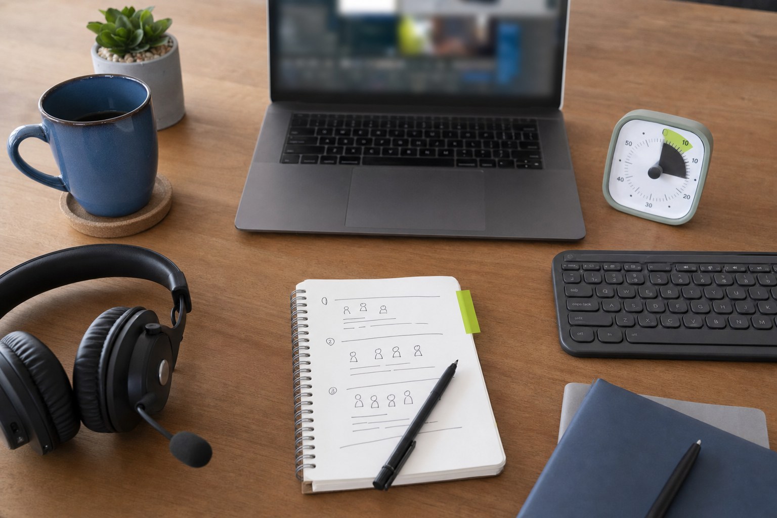 Webinar moderator workstation with a question notebook, timer, headset, and keyboard