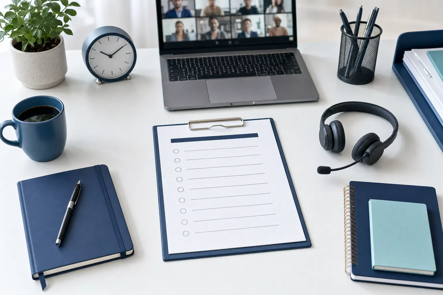 Webinar planning desk with a checklist, laptop, headset, and notebook