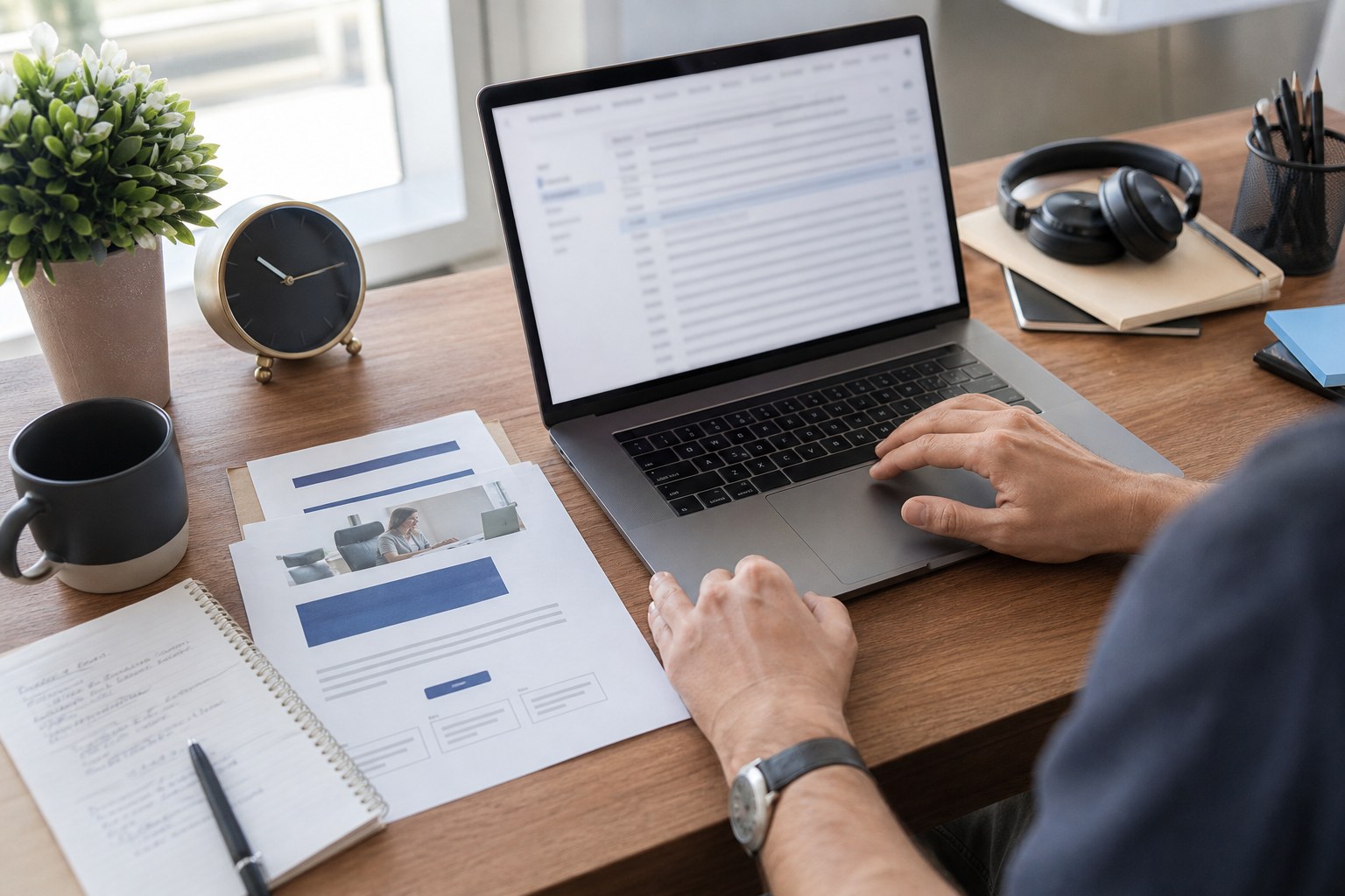Webinar organizer reviewing an email invitation beside an event flyer and desk clock