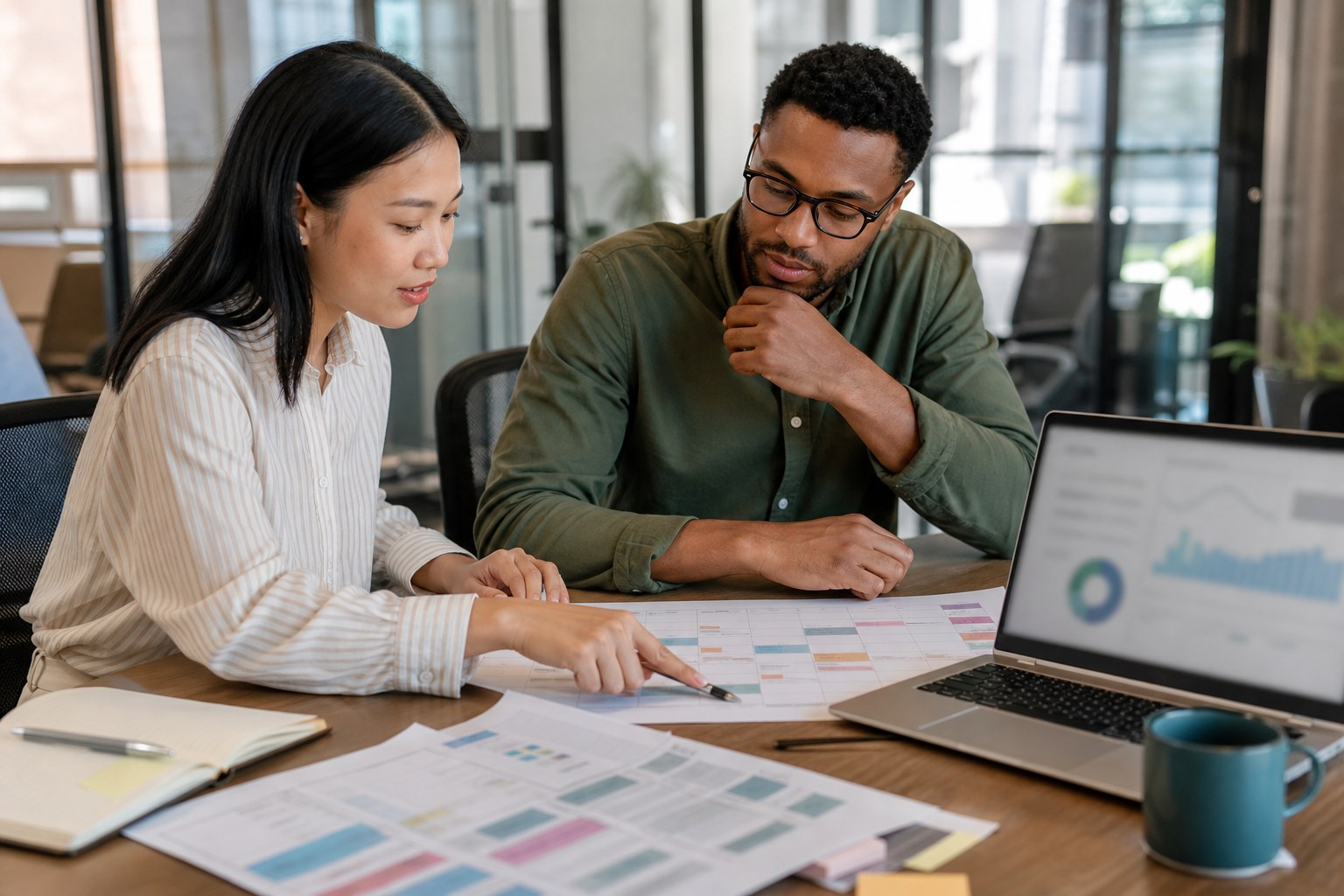 Two colleagues reviewing a webinar promotion calendar and campaign results at a meeting table