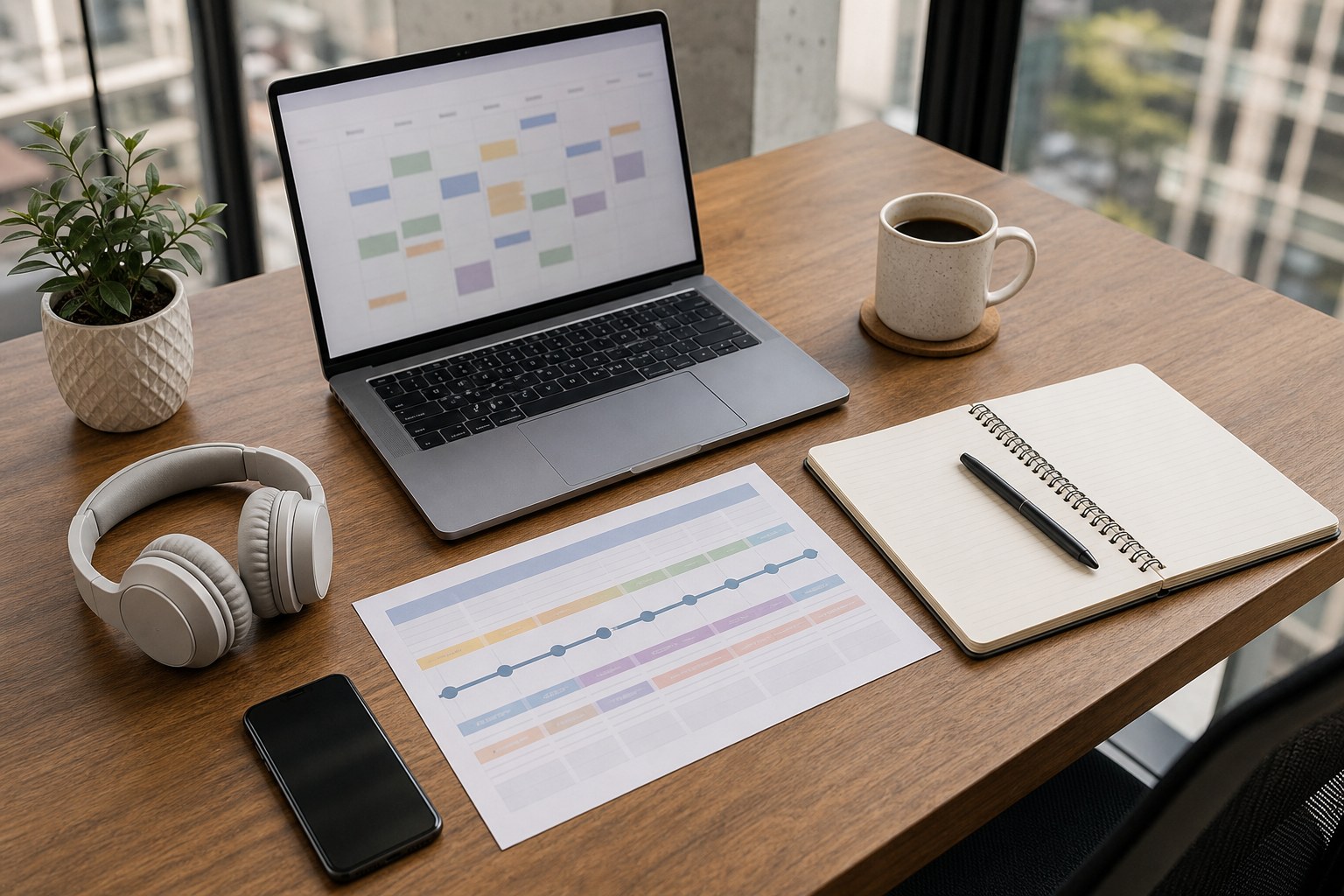 Webinar promotion plan on a desk beside a laptop calendar, headphones, notebook, and coffee