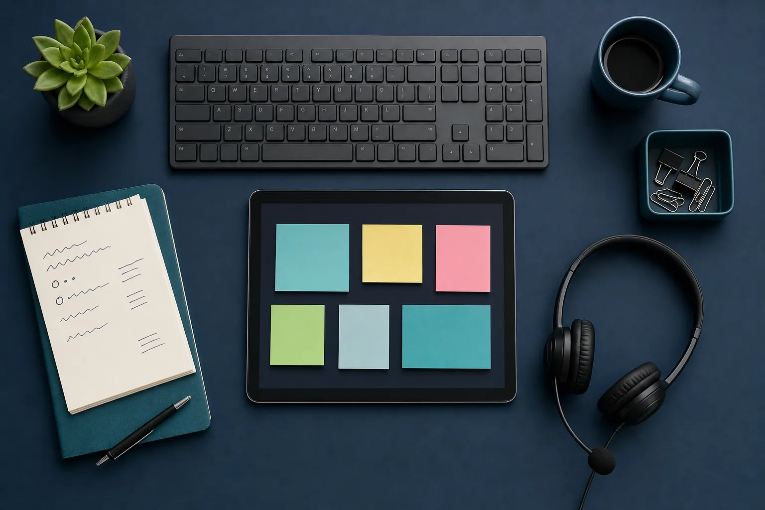 Webinar host workstation with a question-planning notepad, keyboard, tablet, and headset